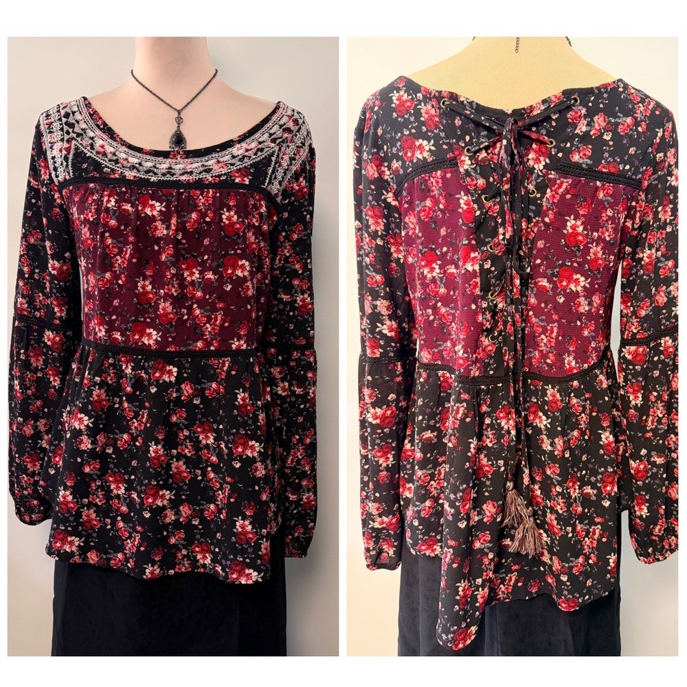 Knox Rose Womens Top Patchwork Peasant Boho Floral Lace Up Back Medium